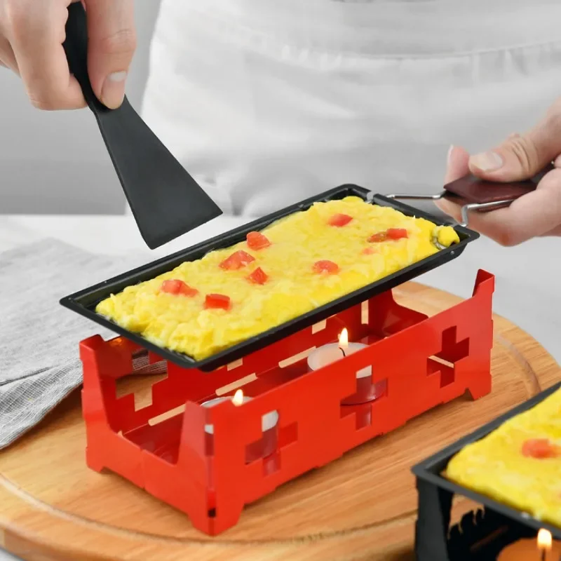 Metal Carbon Steel Mini Cheese Raclette Non-stick Coating Candles with Spatula Cook Set Heated Baking Tray Foldable Handle