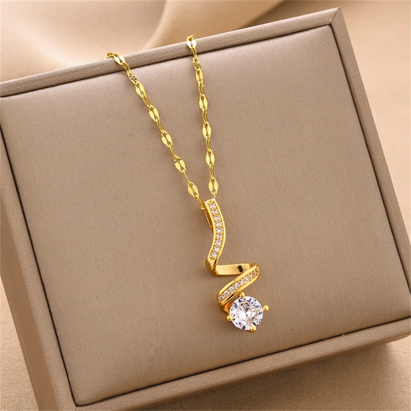 316L Stainless Steel New Fashion Fine Jewelry Japanese Style Zircon Spiral Shape Charm Chain Choker Necklaces Pendants For Women