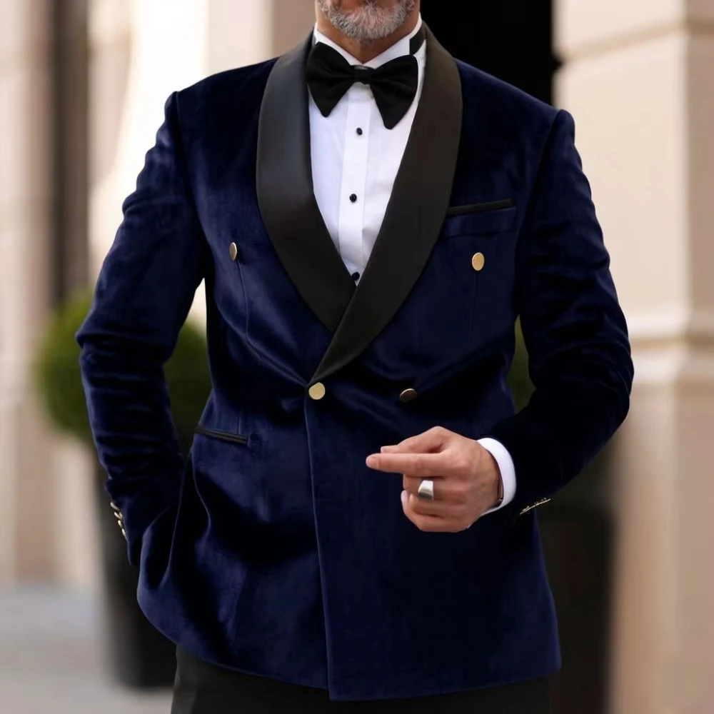 Men Double Breasted Slim Fit 1 Piece Blazer Velvet Tuxedo Mix Match Gold Buttons Vintage Design Separates Groom Wedding Host