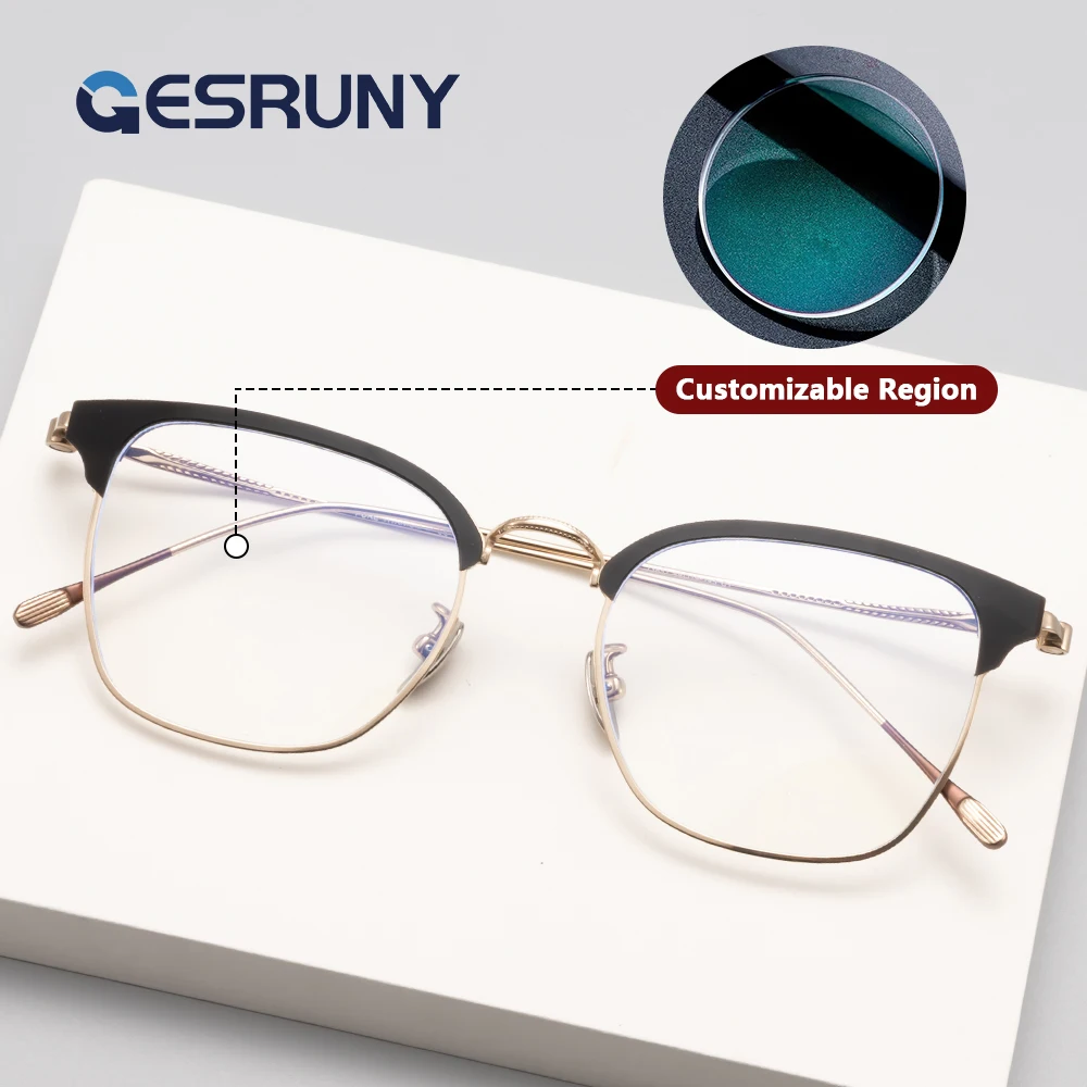 

Gesruny Semi Rim Prescription Glasses Titanium Retro Square Metal Frame Optical Eyewear Myopia Glasses Anti Blue Light Lenses