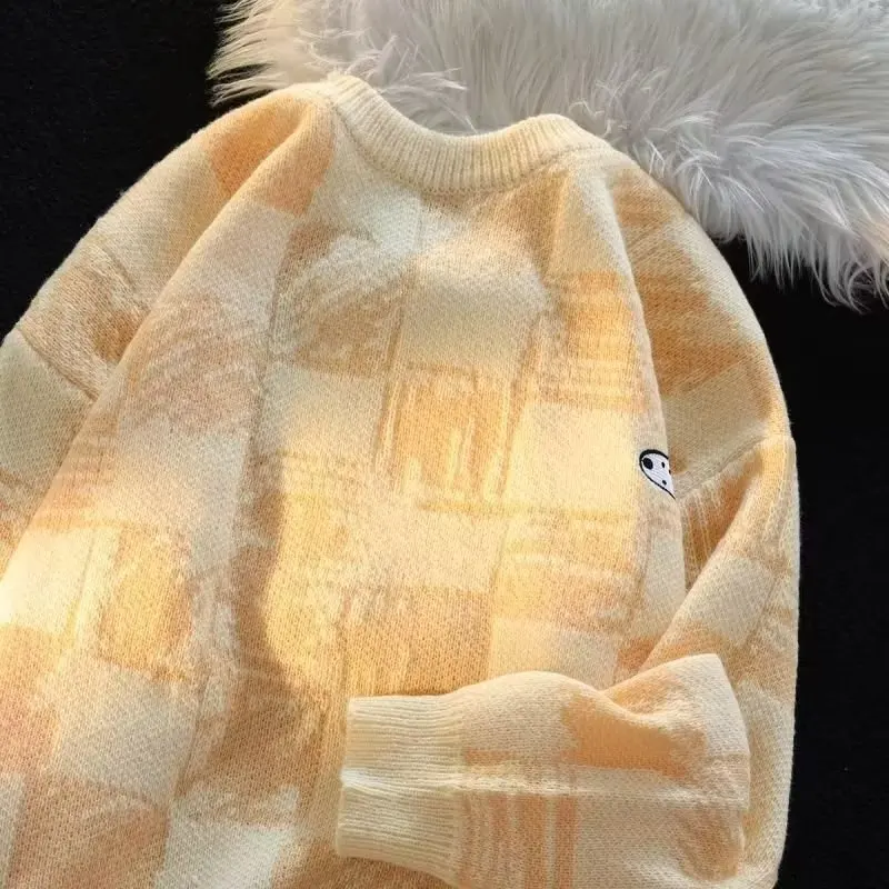 

Мужской клетчатый вязаный свитер, повседневный свободный накладной зимний винтажный мягкий белый универсальный свободный вязаный свитер для отдыха, молодежная мода