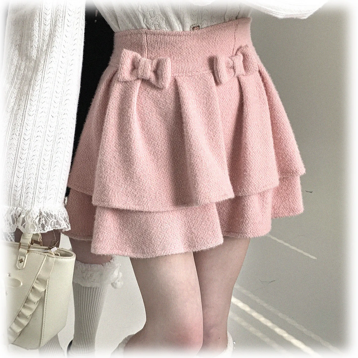 Original Japanese Autumn Winter Lolita Shorts Skirt All-match High Waist Sweet Girl Double Bow Solid Color A-line Puffy Skirt