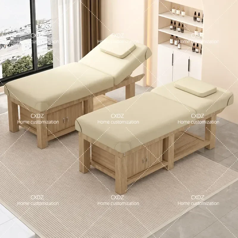 Solid Wood Beauty Bed with Hole Pattern Embroidery for Salon Massage and Home Physiotherapy Ear Treatment Fire Therapy