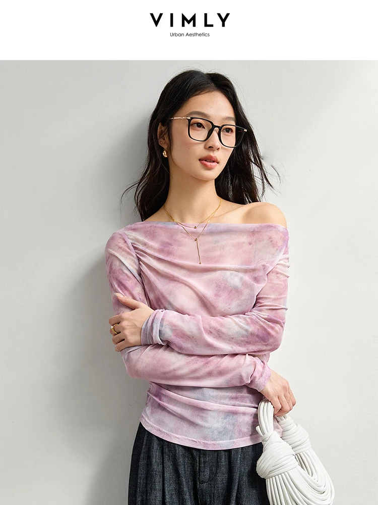 VIMLY Women's Printed Mesh T-shirt Ladies Elegant Tops 2025 Fashion Slim-fit Long Sleeve Tee Shirt for Woman Clothing A0085