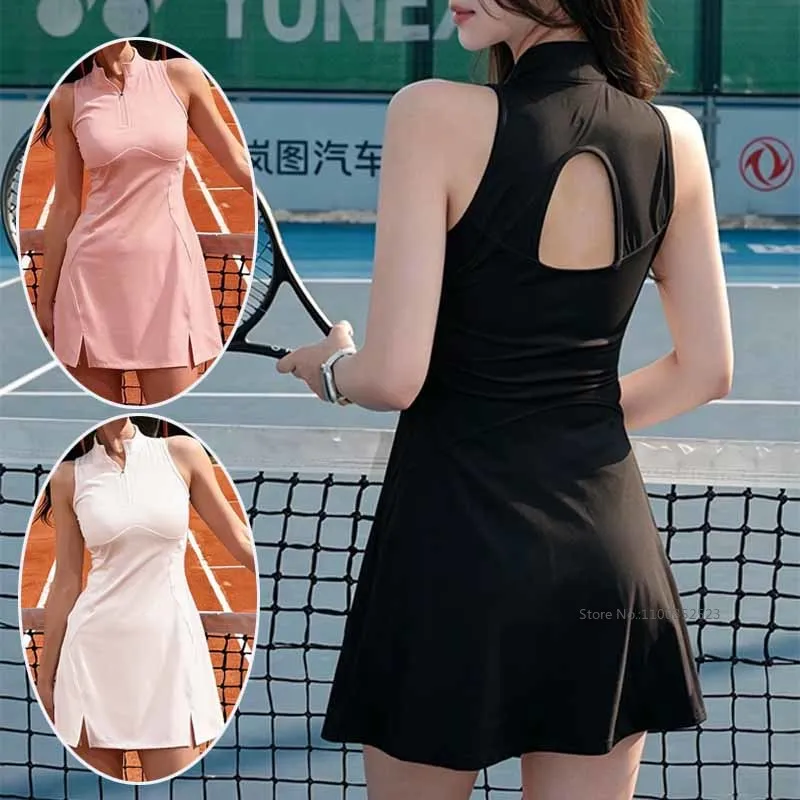 Summer Women Tennis Polo Dress Zipper Collar Split Tennis Golf Sports Dresses Ladies Sleeveless Hollow Out Skirt with Short