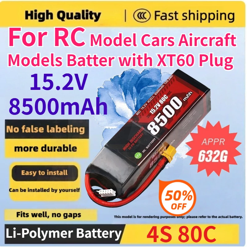

Brand New 15.2V 4S 8500mah 80C Replace Rechargeable Lipo Battery for RC Model Cars and Aircraft Models Battery with XT60 Plug