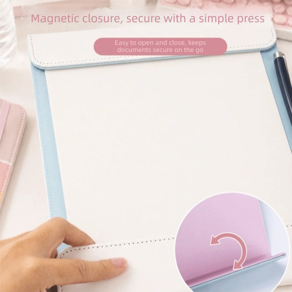 A4 size Leather Clipboard Magnetic Closure Contrast Color A4 Clipboard Single Clip PU Leather Writing Pad Business Meeting