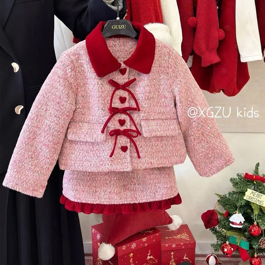Pink Thick Coat+Short Skirts 2PCS Kids Winter Princess Clothes Set Sweet Toddler Girl Autumn Clothing Children Elegant Suit
