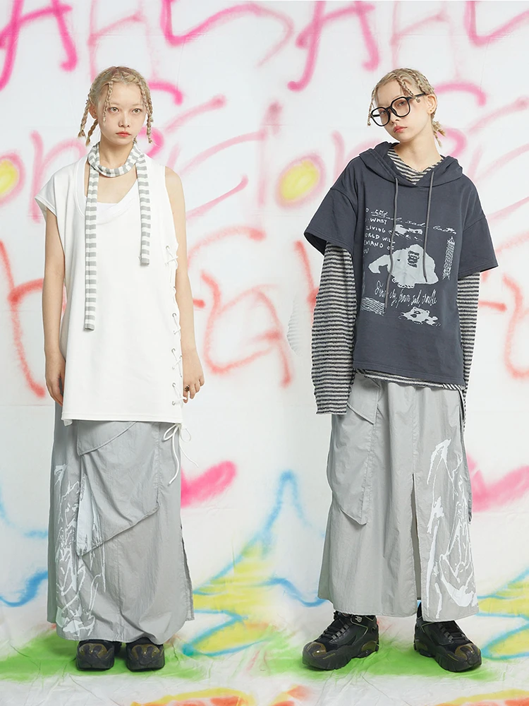 Oink Oink Elegant Sporty Long Skirt Straight Cut with Broken Print Contradictory Aesthetic Beauty Zipper H-Line Youth Polyest...