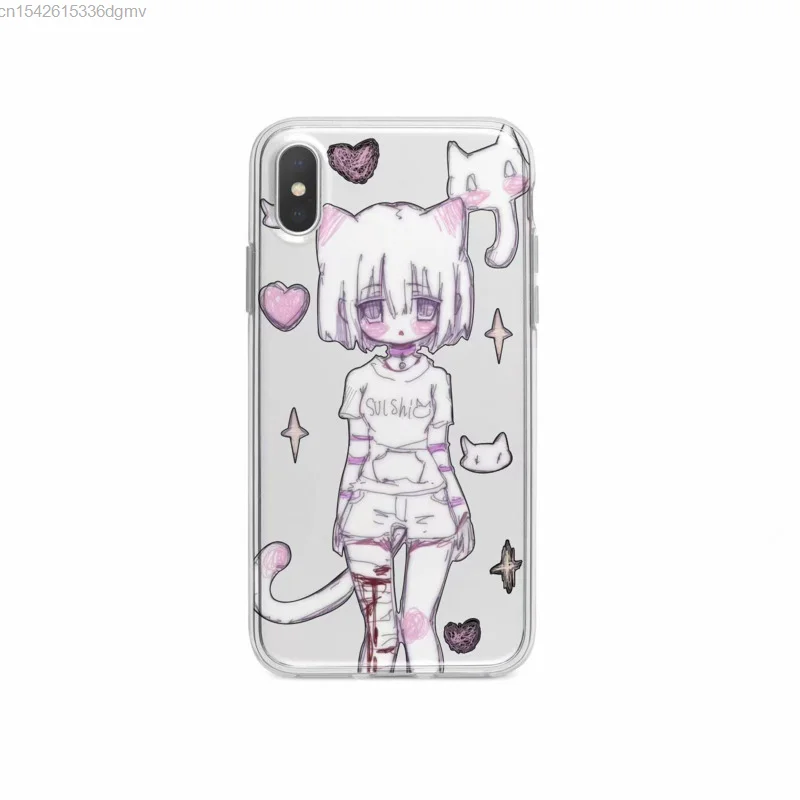 Dark Cat Sick Girl Silicone Phone Case For Iphone 13 12 Mini 7 8 14 Plus Case Goth Punk Japanese Y2k Iphone 11 Pro Xs Max Cover