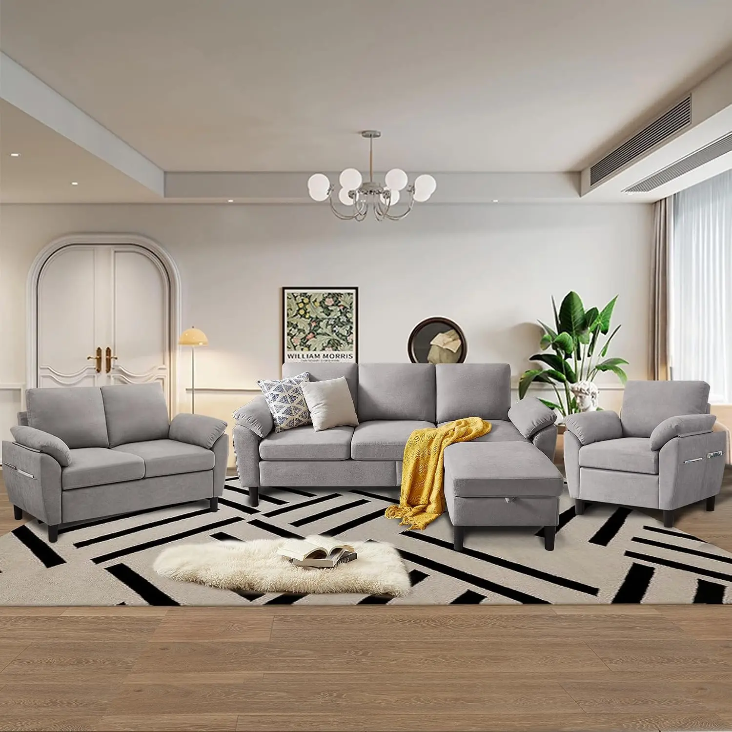 Linen L Shaped Sectional Sofa with Reversible Chaise, 3-Seater Couch for Living Room Office Apartment, Grey, Customized