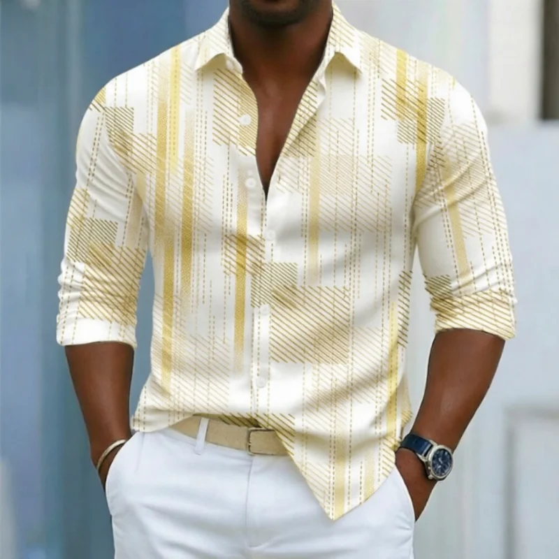 

Modern style men's long sleeved lapel shirt with button design and digital printing, casual and comfortable, fashionable to wear