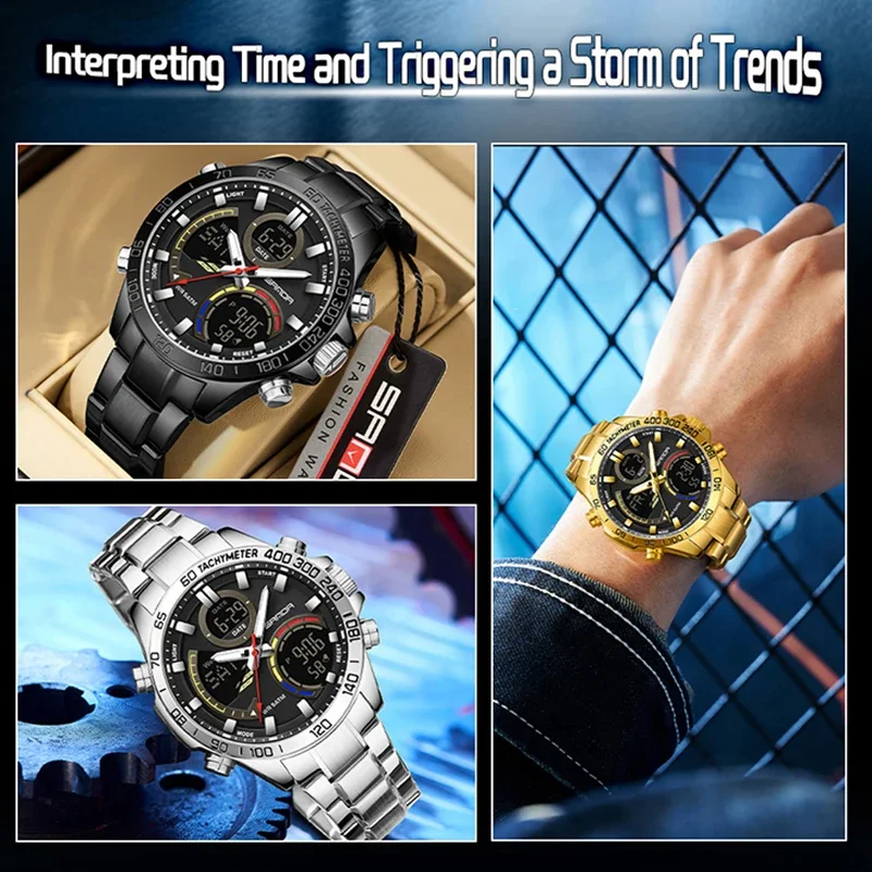 SANDA ساعة عسكرية فاخرة للرجال من الفولاذ المقاوم للصدأ مقاومة للماء ساعة منبه مضيئة كوارتز ساعة يد رقمية للرجال Relogios Masculino