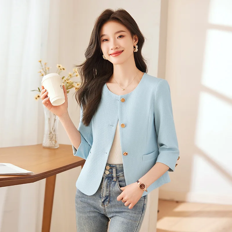 2024New Sky Blue round Neck Suit Jacket for Women Short Spring and Autumn Small Western Style Socialite Top