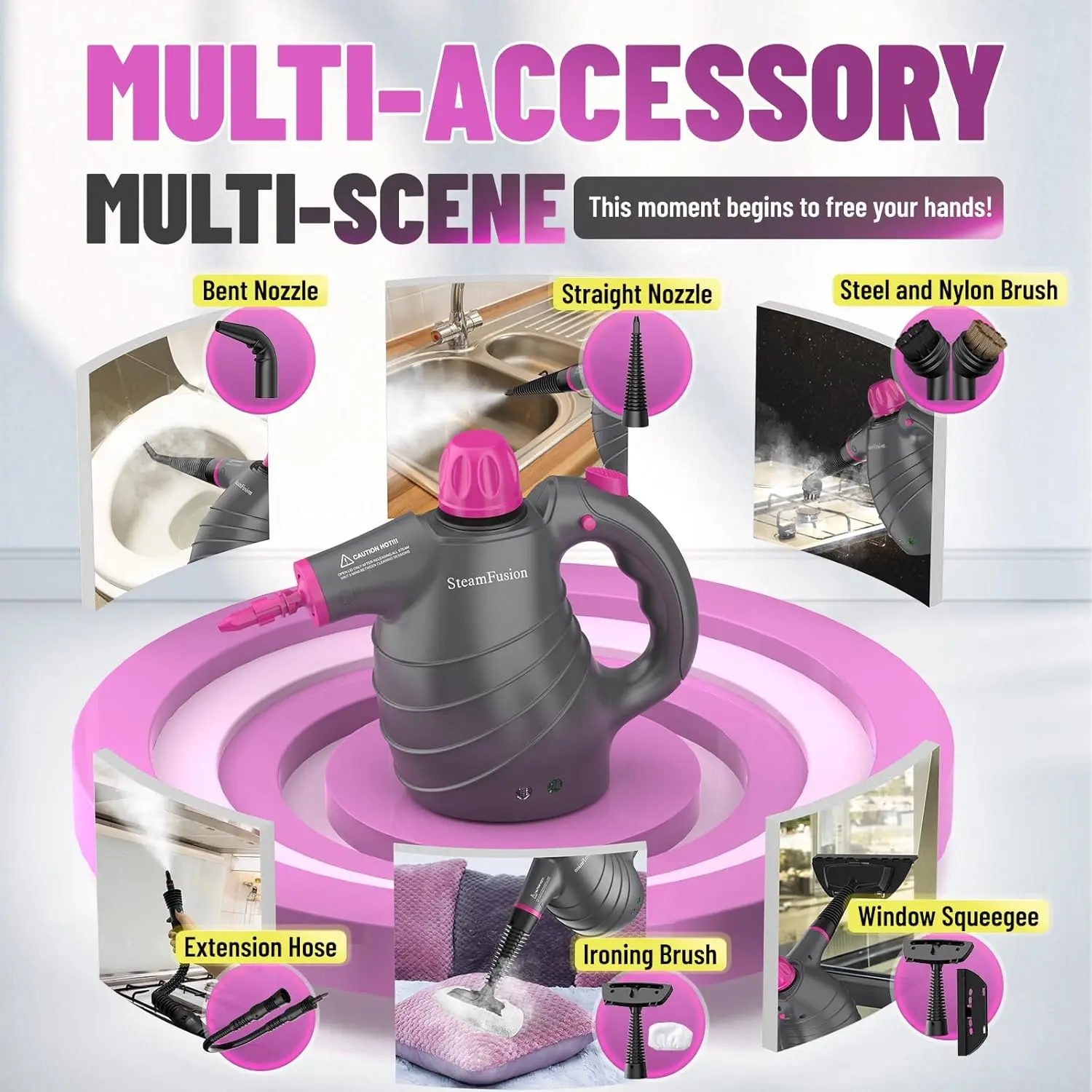 10種類のアクセサリー付きハンドヘルドスチームクリーナー、家庭、車、室内装飾、目地などに安全な多用途スチーマー