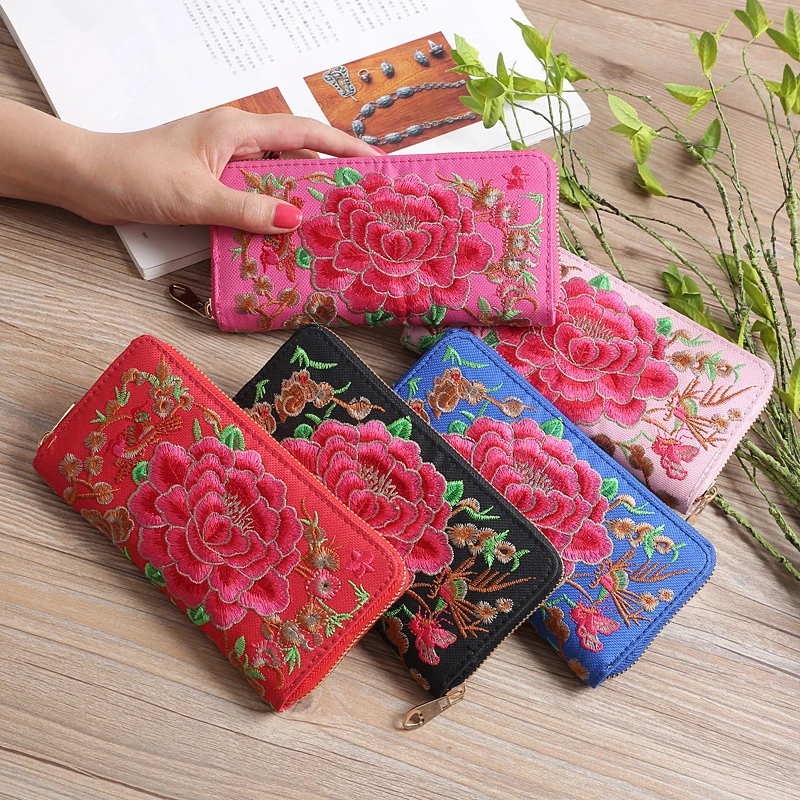 

Embroidery Ladies Wallets Large Capacity Long Clutch Money Bag High Quality Oxford Cloth Phone Pocket Women Coin Purse