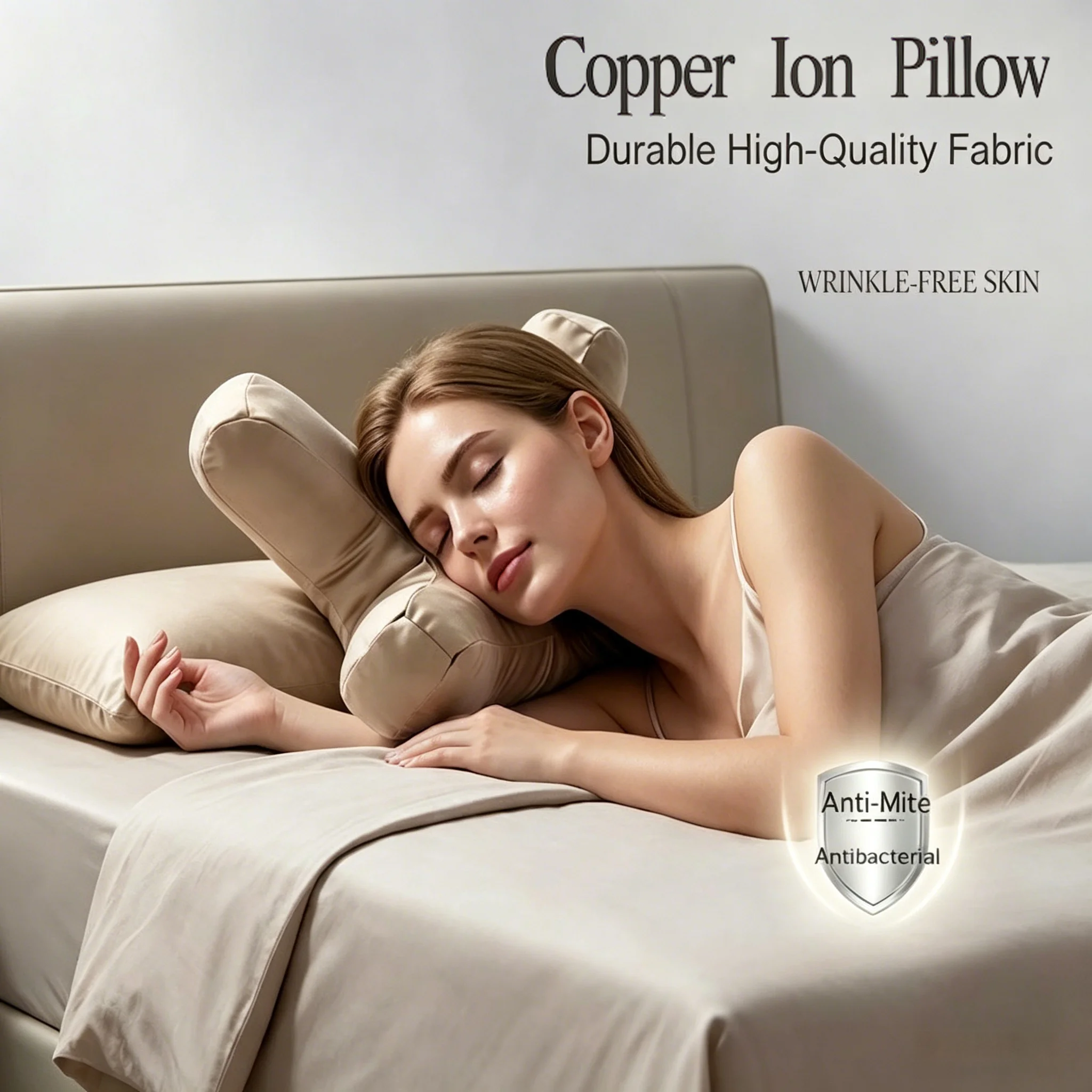 

Copper Ion Ergonomic Pillow, Anti-Wrinkle Multi-Position Support for Side & Back Sleepers, Smooth Fabric Protects Hair & Skin