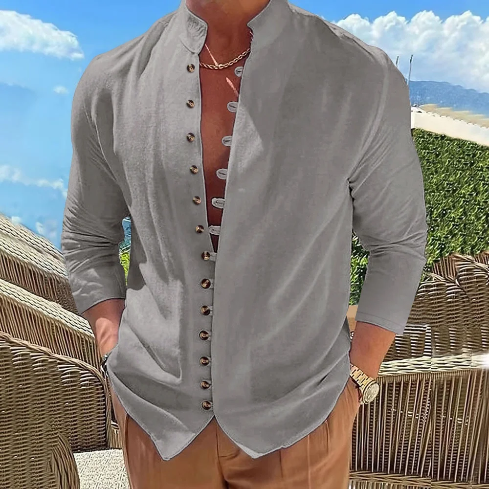 قميص رجالي عصري من القطن والكتان الأكثر مبيعًا بأكمام طويلة، لون خالص، ياقة واقفة، نمط غير رسمي، ملابس رجالية، #4