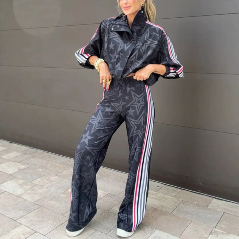 Lässiger, gestreifter, lockerer Mantel- und Hosenanzug für Damen, langärmelige Jacke mit Reißverschluss, lange, gerade geschnittene Hose, zweiteiliges Set, Herbstanzug für Damen
