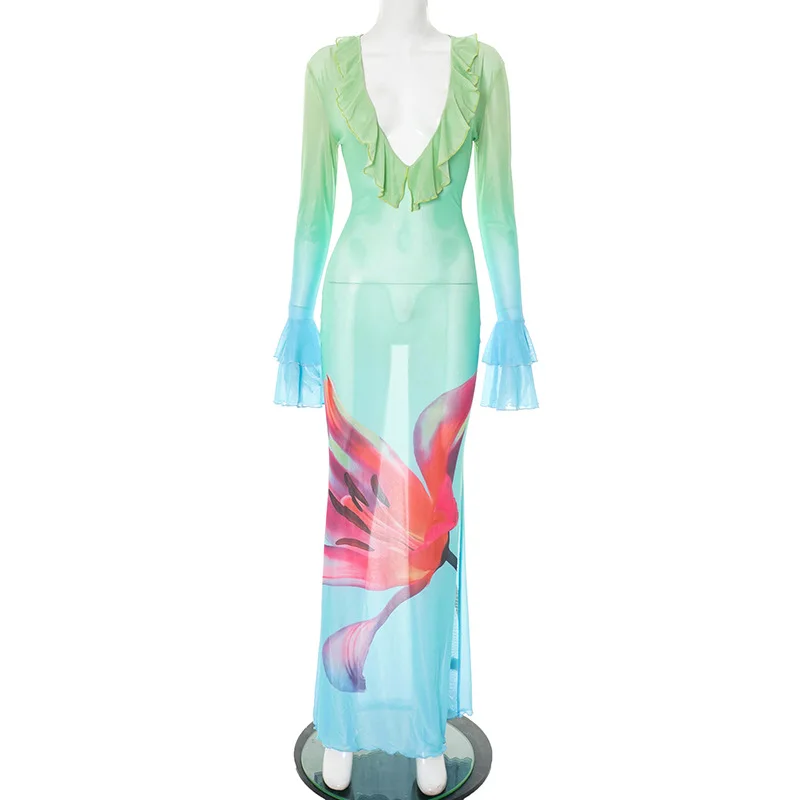 Bangniweigou sexy floral gradual print mesh dress women ruffle v neck flare long sleeves see through beach robe