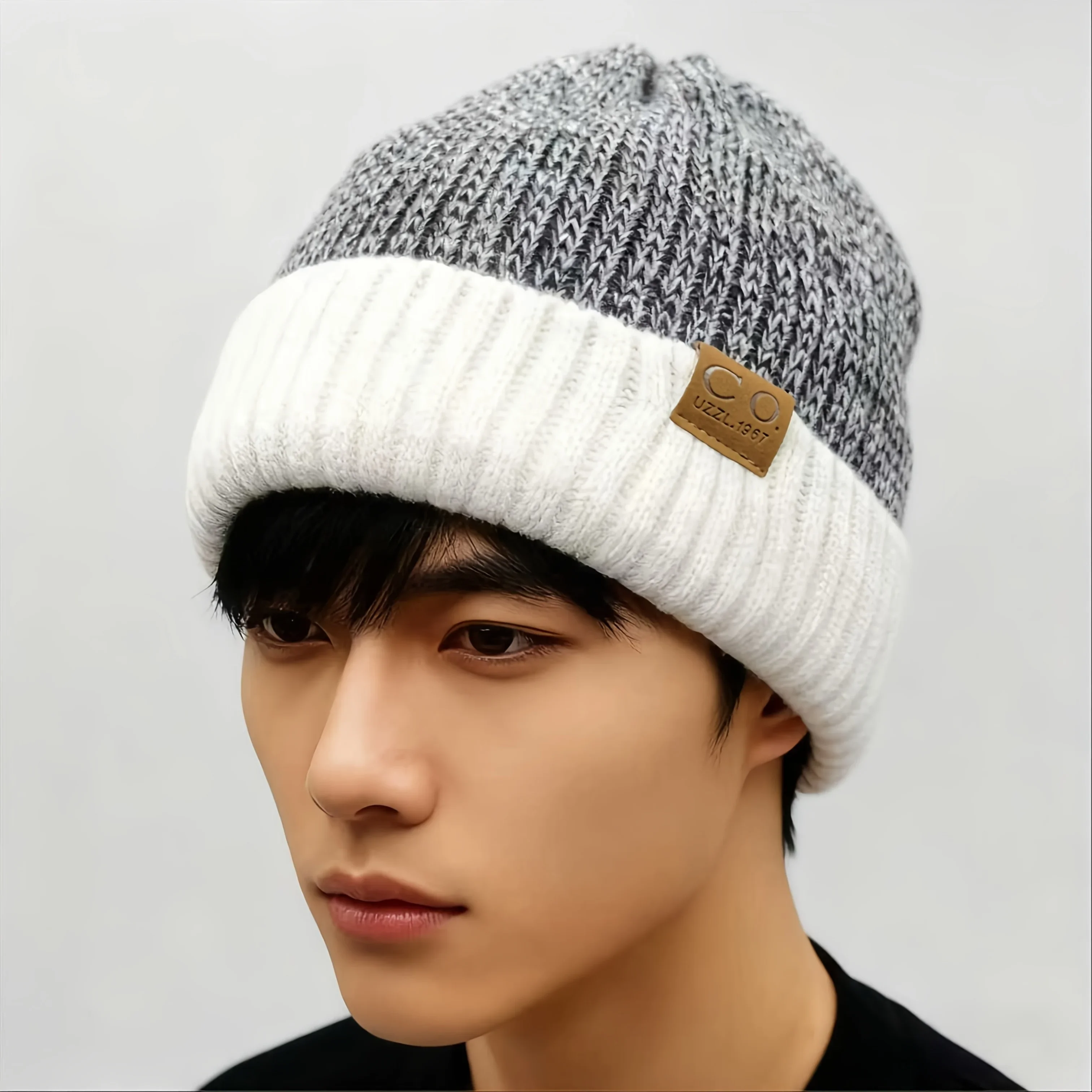 Unisex Sports Knitted Hat with CO Faux Leather Patch Navy Blue and White Striped Winter Hat