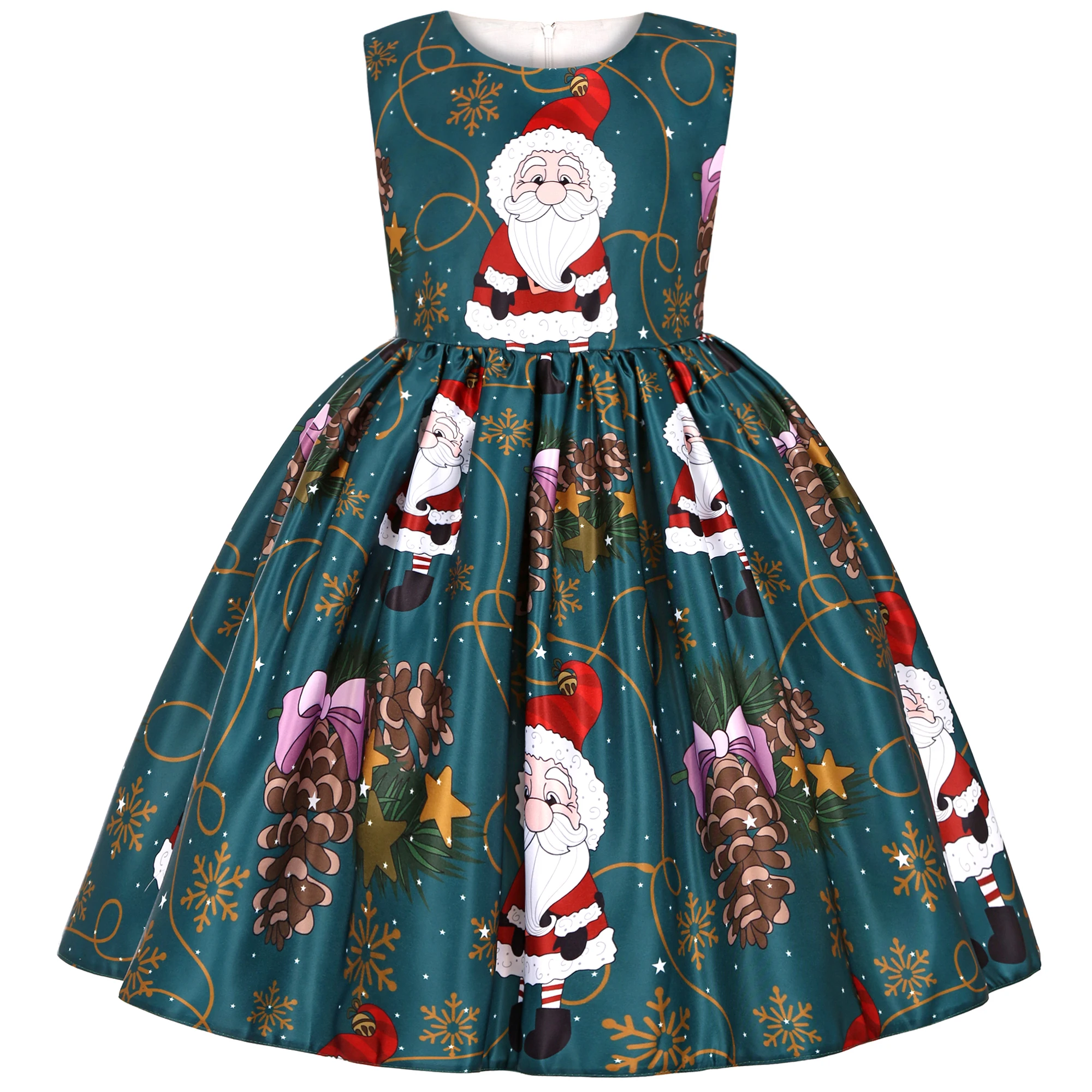 2024 New Girl Dress Santa Claus Snow Child Dress Cartoon Print Princess Dress Christmas Costume ins