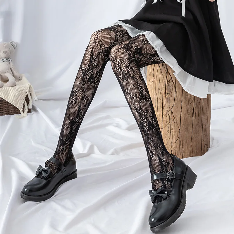 Japanese Style Sweet Women Tights Black Lace Hollow Out Girl Pantyhose Lolita Retro Flower Vine Fishnet White Silk Stockings