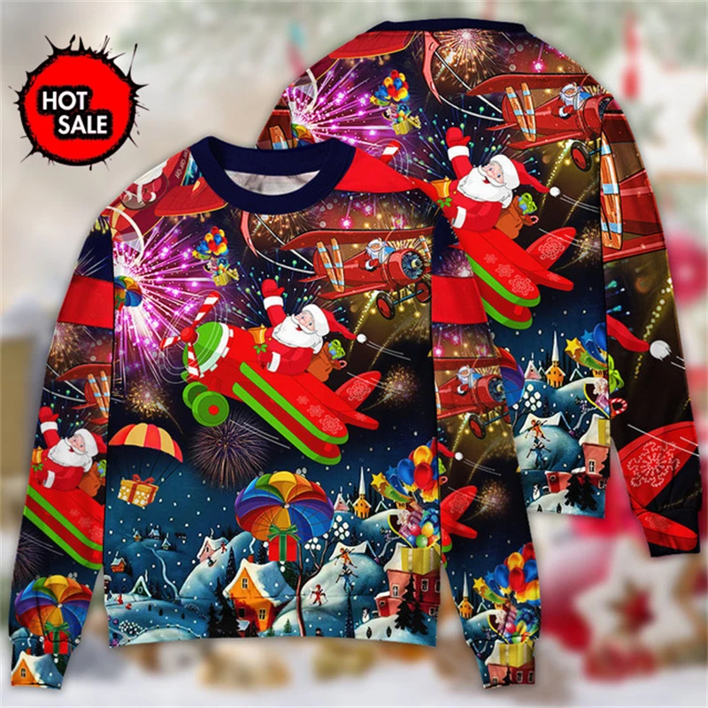 Unisex Ugly Christmas Print Pullover Hoodies Santa Claus 3D Sweaters For Men Women Funny Christmas Sweater Men Kids Quality Tops