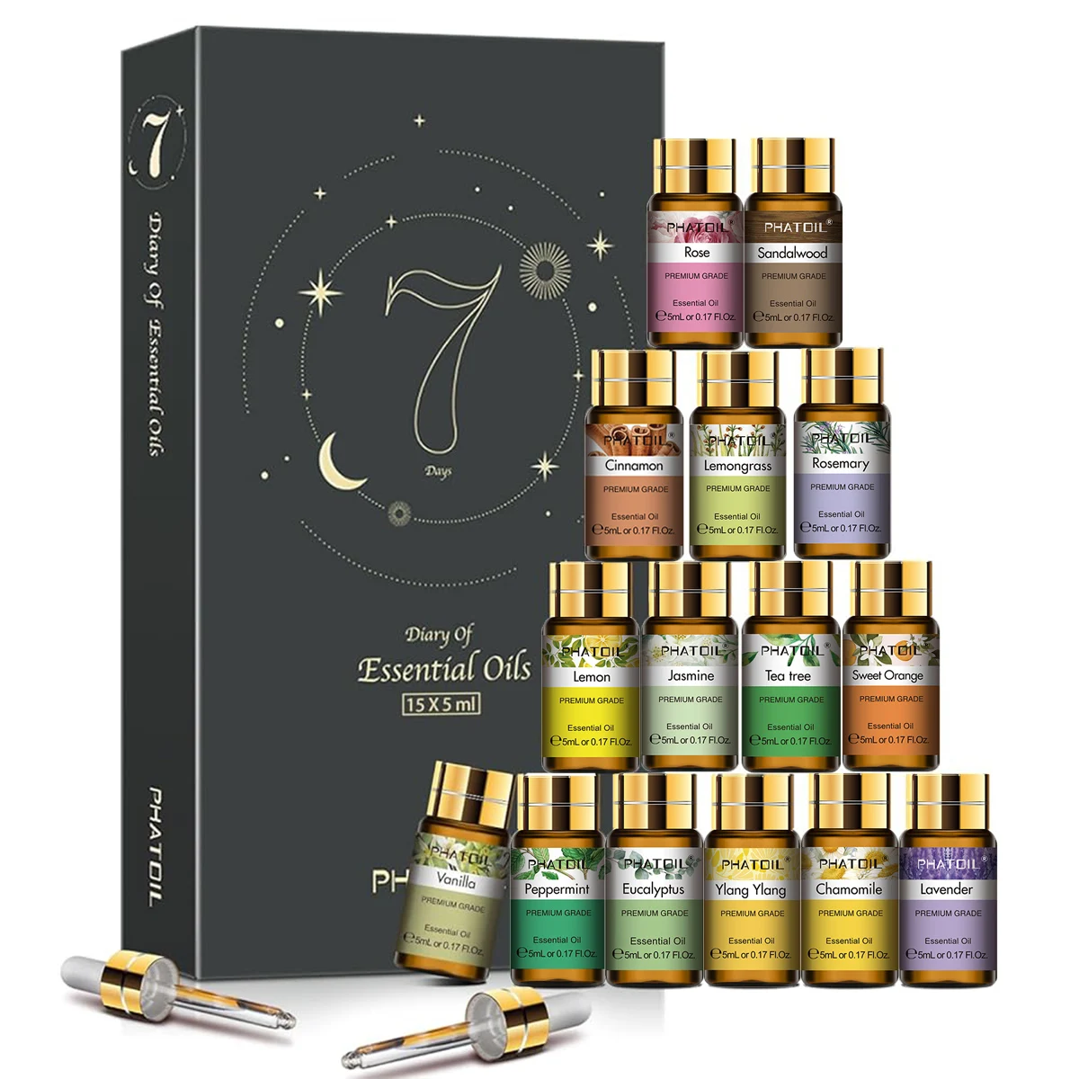 PHATOIL 15PCS Essential Oils Set For Soap & Candle Making,Diffuser,Humidifier-5ml Lavender Eucalyptus Peppermint Tea Tree Lemon Sweet Orange Jasmine Rose Aromatherapy Oils