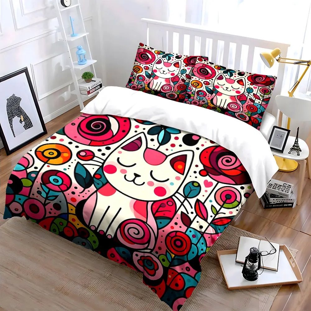 Painted Cat and Dreamy Garden Printed Duvet Cover Set 1 Duvet Cover+2 Pillowcase Multi Size Bedroom Bedding Decor Luxury gifts