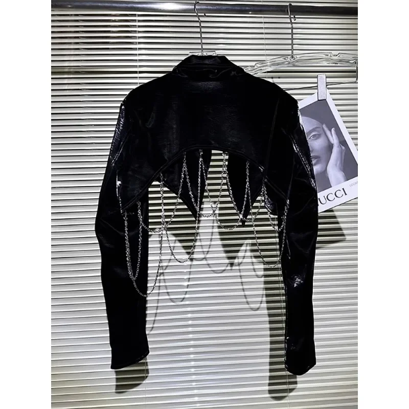 Hot Girl Cool PU Small Leather Cropped Jacket Spring Autumn New Streetwear Women's Patent Leather Chain Super Short Leather Coat