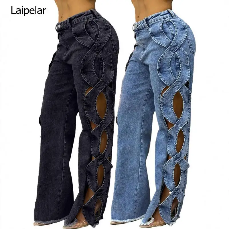 

2025 Spring/summer European and American Women's Clothing Personalized Side Hollow S-Line Cowboy Splicing Pants for Women