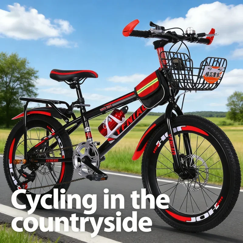 دراجة جبلية بفرامل قرصية للأطفال باللونين الأسود والأحمر مع حقيبة هدايا للمقعد الخلفي لسلة السيارة ذات السرعة المتغيرة