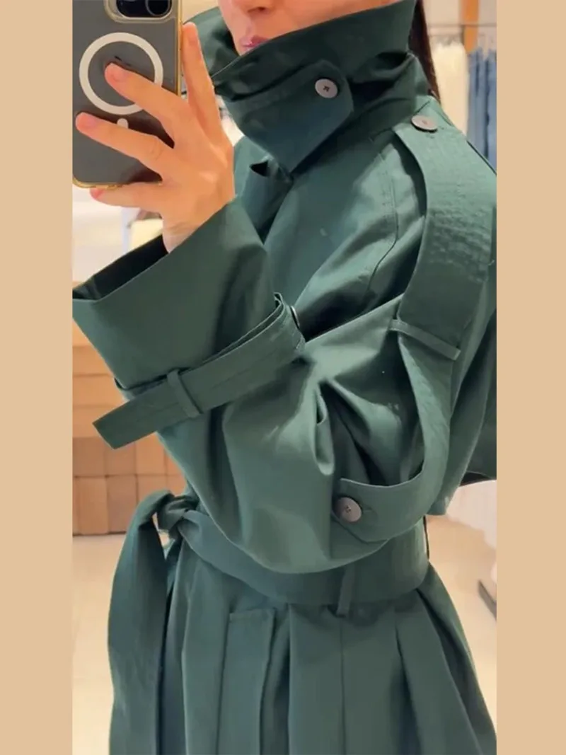 

Шикарный женский длинный плащ, стильный воротник-стойка с поясом, свободная ветровка, верхняя одежда, осеннее новое темно-зеленое пальто макси, наряд