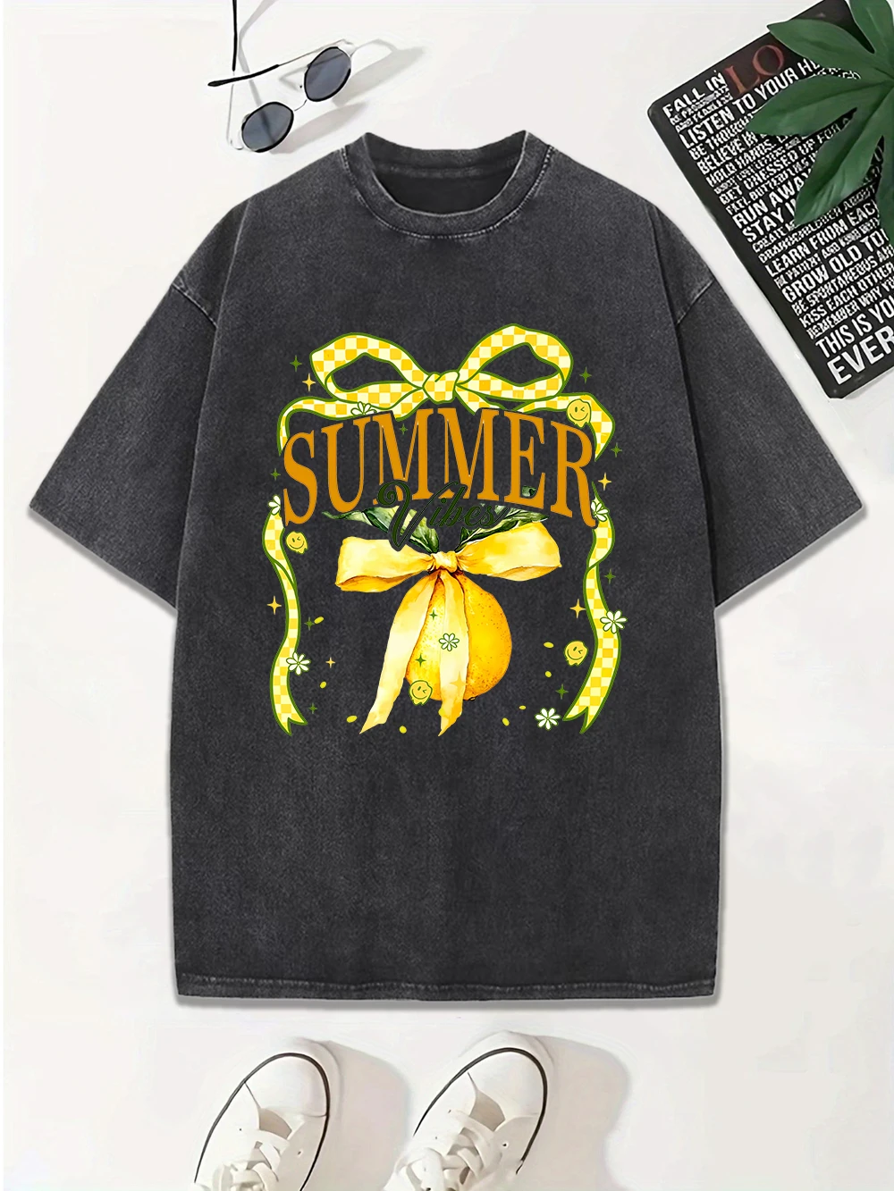 

Summer Vibes Lemon Printed Washed T-Shirt Women Cotton Oversize Tops O-Neck Comfortable Distressed T Shirt Casual Womans Clothes
