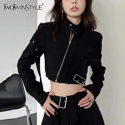 TWOTWINSTYLE Solid Streetwear Spliced Belt Crop Top For Women Stand Collar Long Sleeve Patchwork Zipper Designer Jackets Female