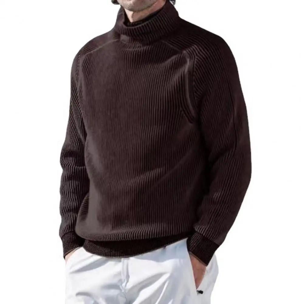 Men Fall Winter Top High Collar Neck Solid Color Soft Elastic Long Sleeve Striped Texture Elastic Cuff Bottoming Top