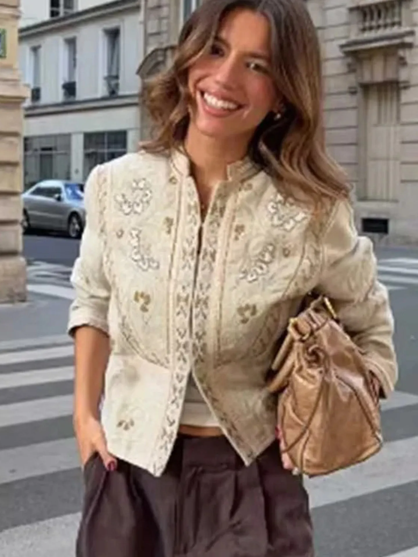Fall New Women's Commuter Style Stand Collar Long Sleeve Metal Hook Short Jacket Outerwear Polyester Fiber No Hat