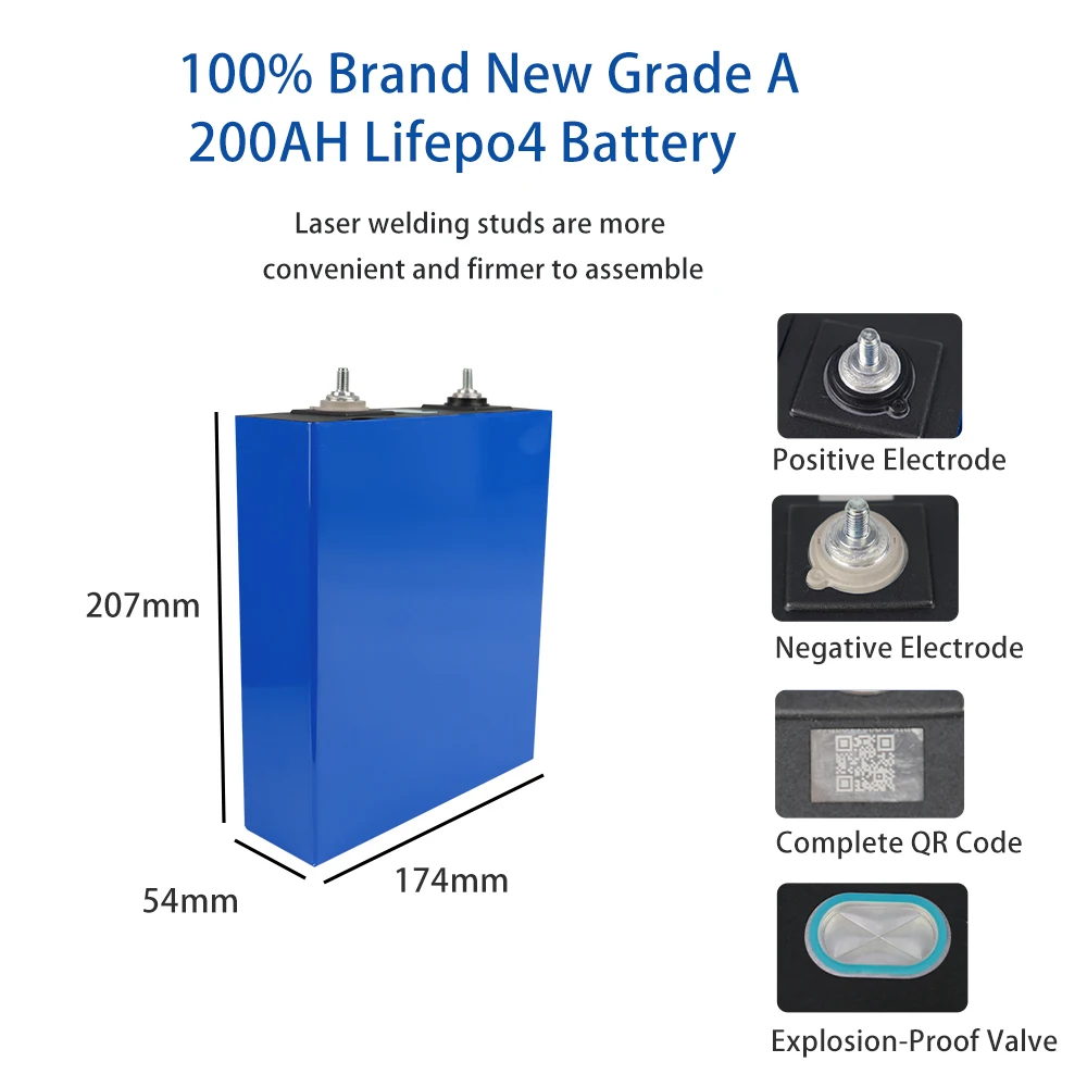 NEW 3.2V 200AH Lifepo4 Battery Grade A 12-48V Rechargeable Cell Pack 6000 Cycles For RV EV Solar System