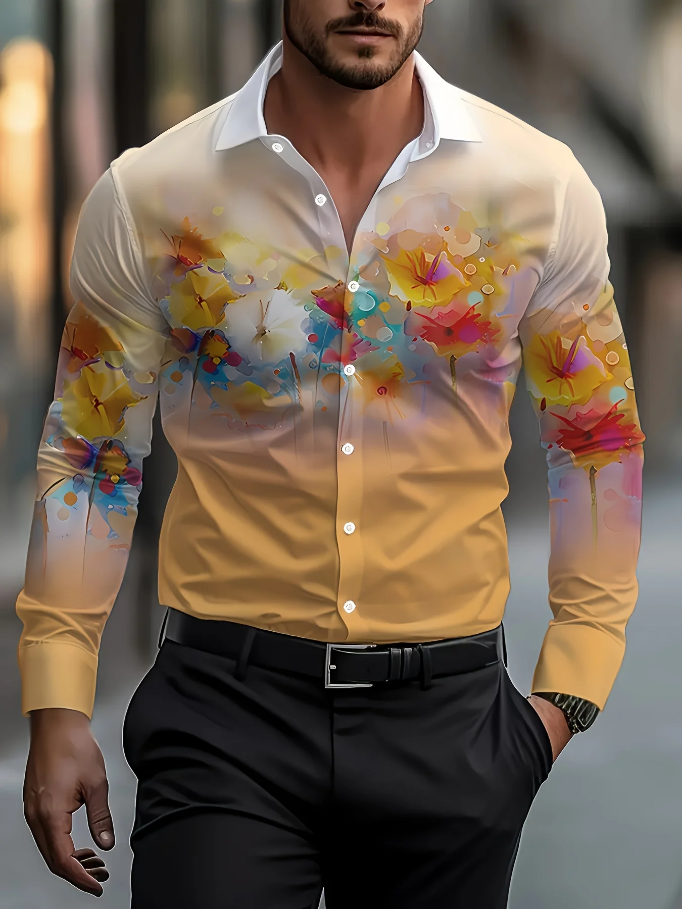 Men\'S Floral Print Long Sleeve Shirt Regular Fit, Single Breasted, Lapel Collar SpringFall Top Men\'s Clothing Men\'s Formal shirt