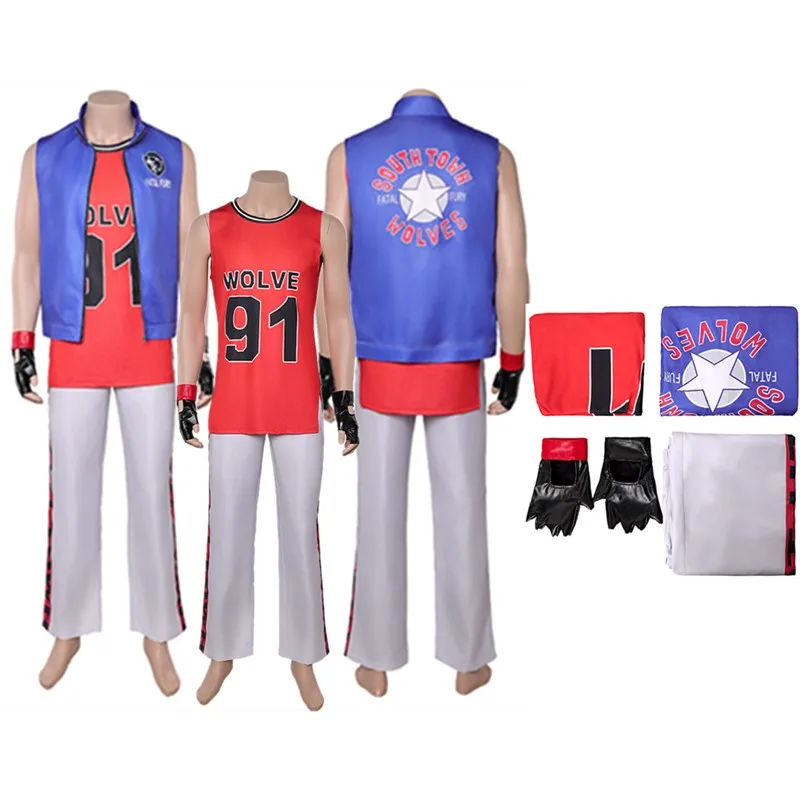 

Terry Bogard Cosplay Costume Fighter Fantasy Adult Men T-shirt Vest Pants Gloves Outfits Halloween Disguise Carnival Party Suit
