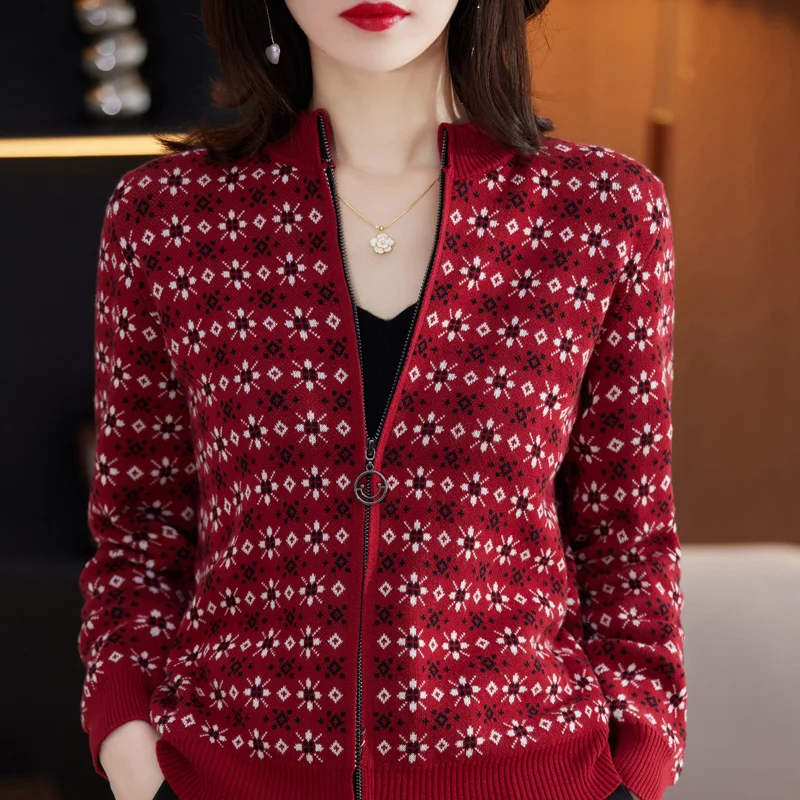 Autumn Winter Women 100% Cotton Color Block Jacquard Sweater O-neck  Cardigan Top New Outerwear Knit Zipper Warm Jacket