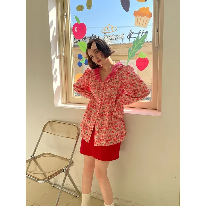 

Frosted Rose Original Design Romantic Long Sve Loose V-Ne Ruffle Hem Korean Sle irt Winter New Arrival Cotton