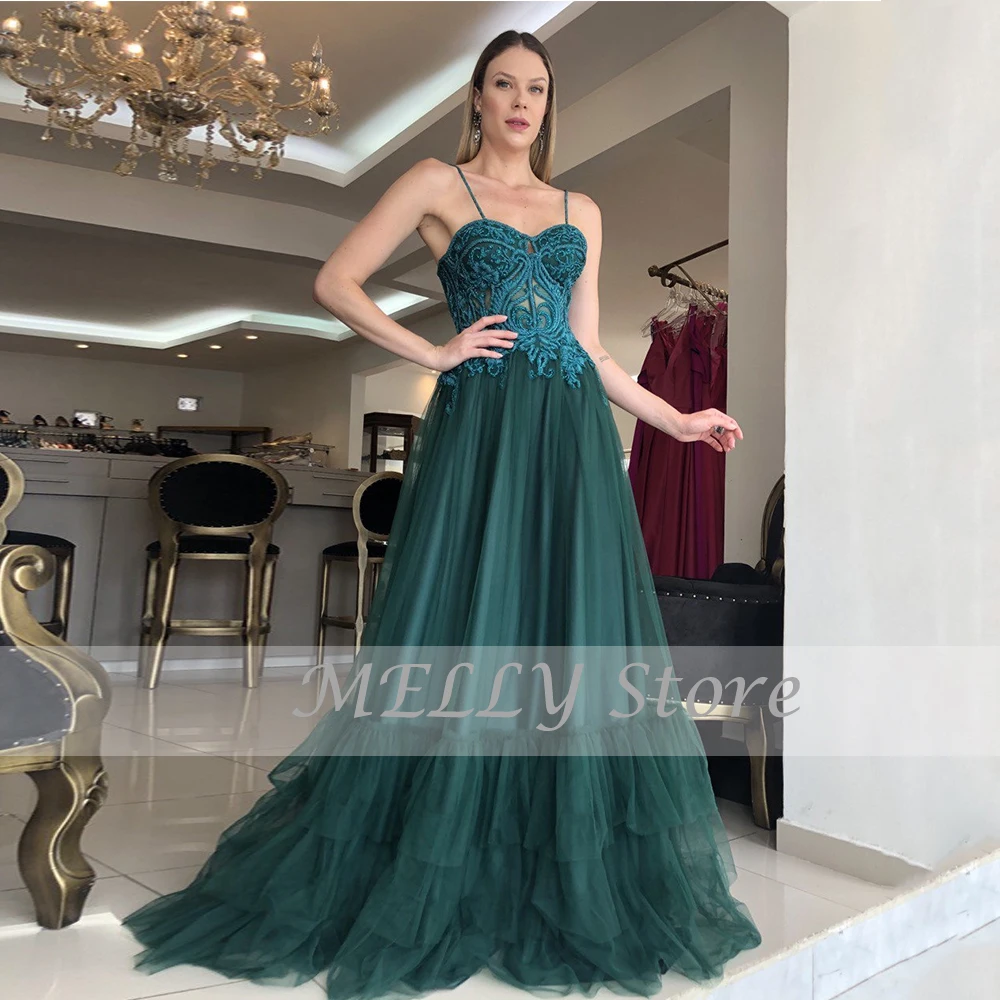 Azul Vestidos de Noite Para As Mulheres Namorada de Cintas de Espaguete Vestidos de Baile Com Applique A Linha de Trem Da Varredura فساتين مناسبة حسب الطلب