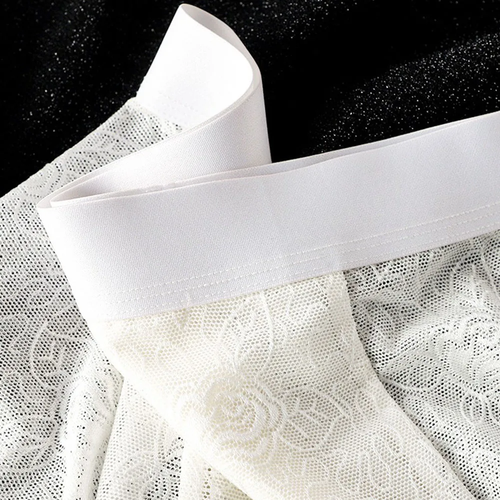 Men's Ice Silk Lace Boxer Shorts Bulge Pouch Solid Underwear See Through Trunks Mesh Thin Cool Breathable Mens BoxerShorts