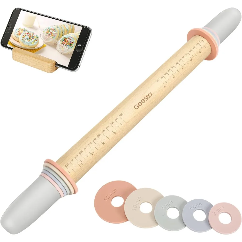 

Adjustable Wood Rolling Pin with 5 Thickness Rings and Measurement Guide for Precise Dough Rolling