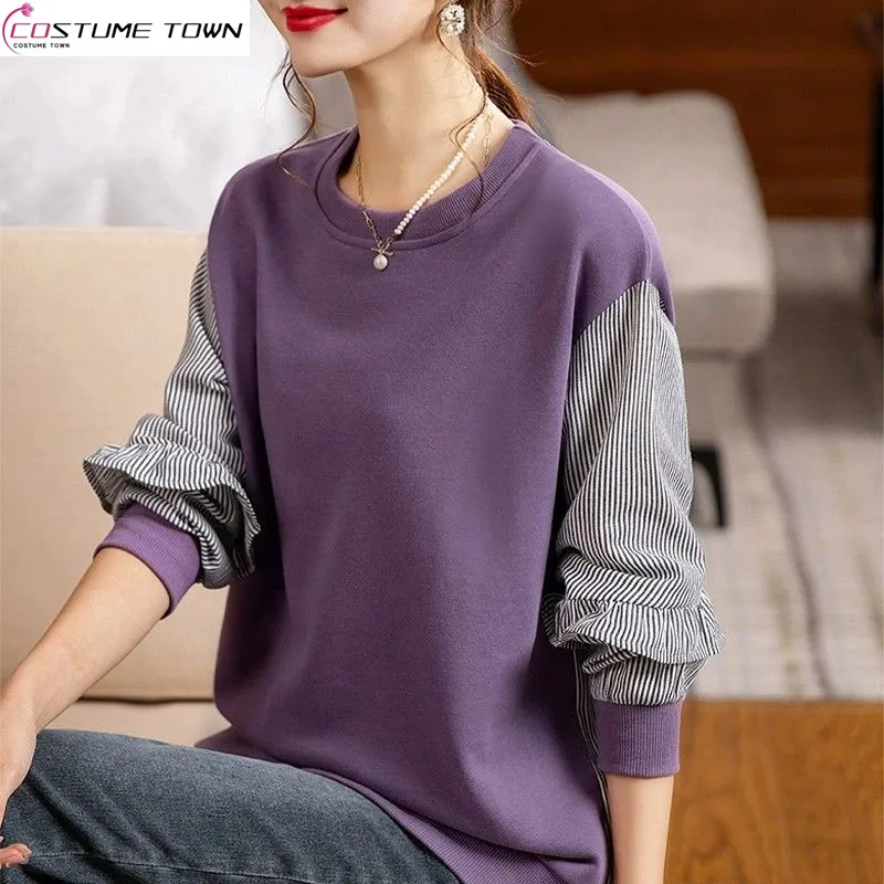 

Spring new plus size women's fashion striped printed long sleeved top