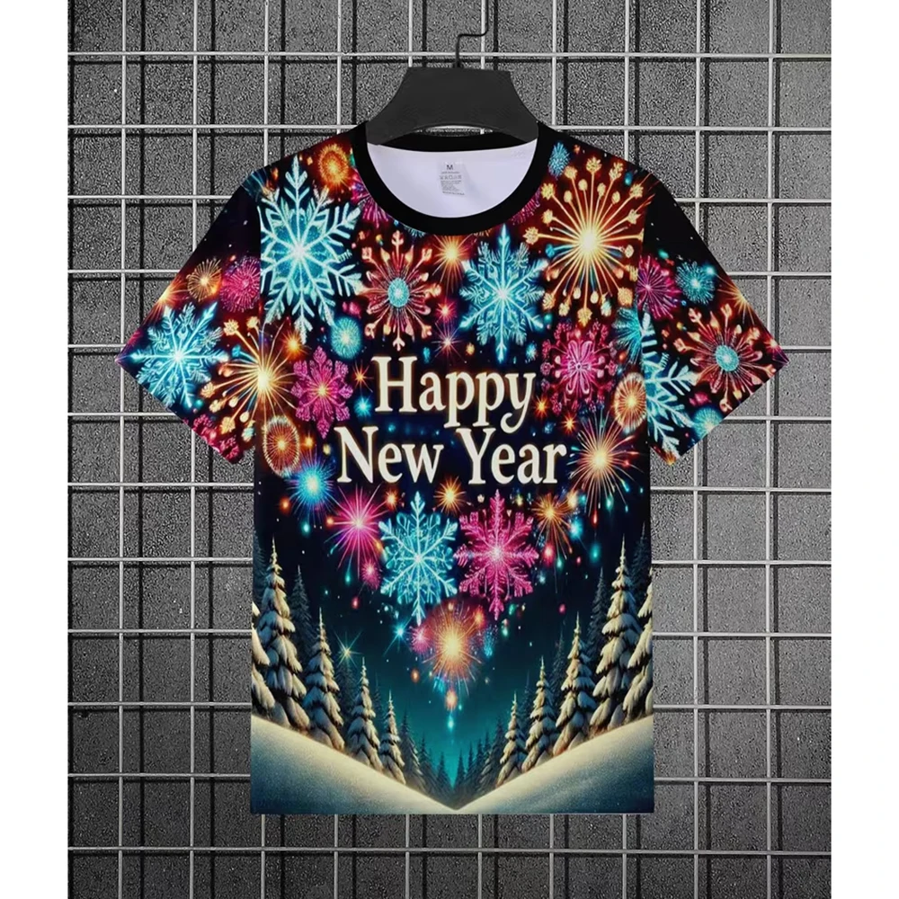 

3D Print Colorful Fire works Cool T-shirt For Men Clothes Christmas Theme 2026 Happy New Year Short Sleeve T Shirts Strong Santa