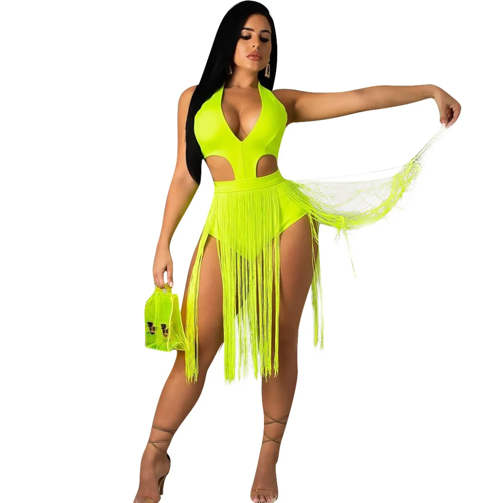 

Sexy Tassel Bodysuits Women Hollow Out Body Suit Tops Sleeveless V Neck Evening Night Club Wear Rompers Party Bodycon Jumpsuits