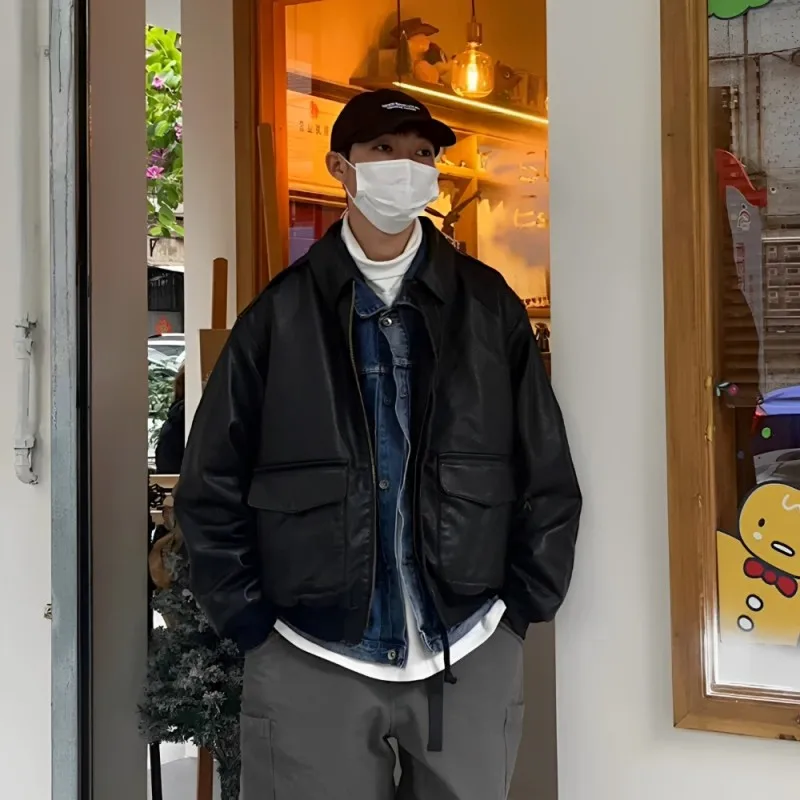 

Thiened Cotton Pilot Jaet Street Sle Trendy Men's Coat Warm Casual Loose Fit Spring Autumn Winter PU Leather Jaet